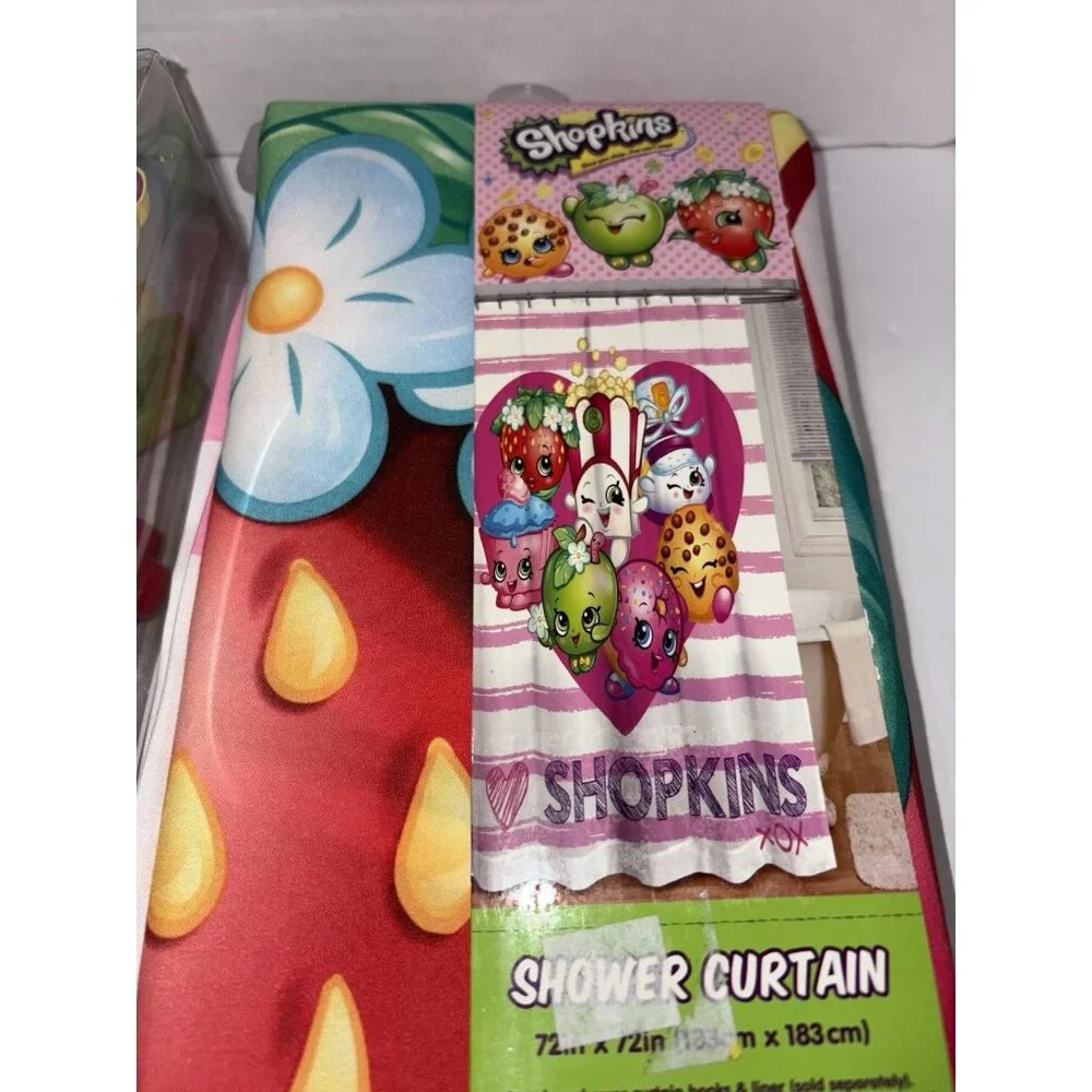 Shopkins Shower Curtain & Hooks Kids Bathroom Decor  Set Of 12 Hooks NEW